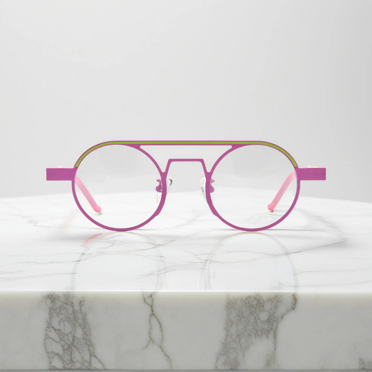 Front view of VoyueLens NeoPilot aviator glasses in Candy Lime color-block titanium frame with pink-green tones, part of the NeoPilot series