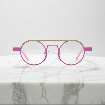 Front view of VoyueLens NeoPilot aviator glasses in Candy Lime color-block titanium frame with pink-green tones, part of the NeoPilot series
