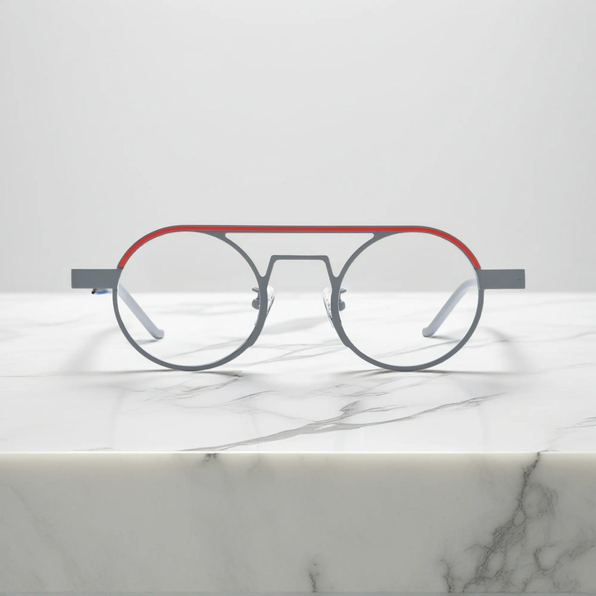 Front view of VoyueLens NeoPilot aviator glasses in Chrome Ember sleek silver titanium frame with a subtle industrial edge