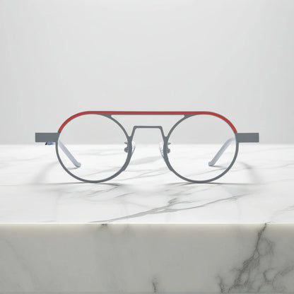 Front view of VoyueLens NeoPilot aviator glasses in Chrome Ember sleek silver titanium frame with a subtle industrial edge