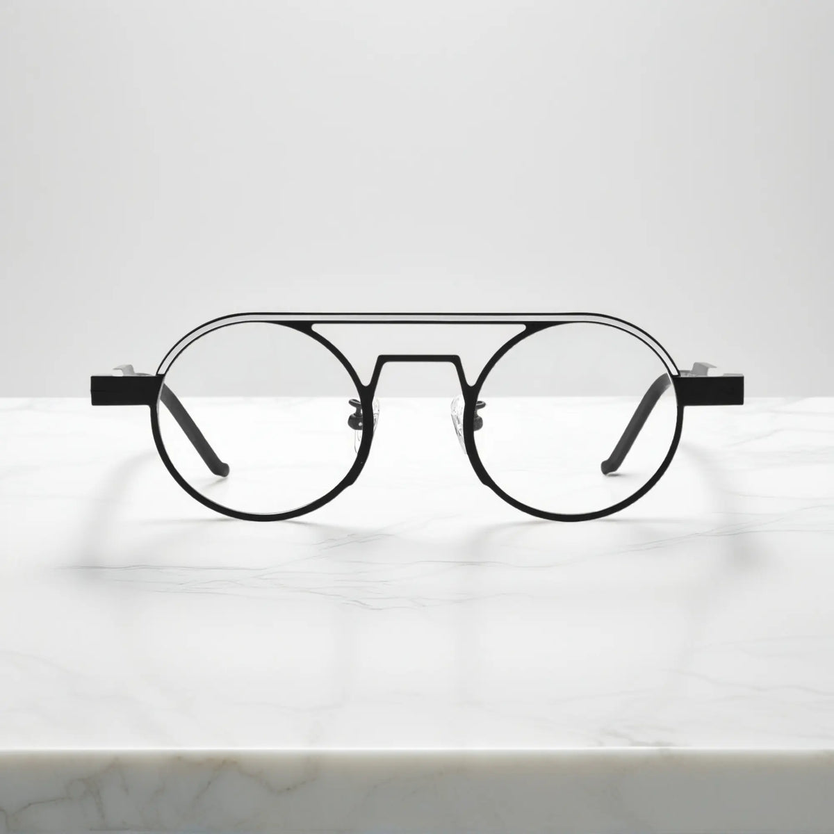 Front view of VoyueLens NeoPilot aviator glasses in Graphite Black matte titanium frame for a modern minimalistic look