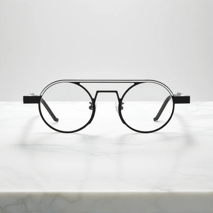 Front view of VoyueLens NeoPilot aviator glasses in Graphite Black matte titanium frame for a modern minimalistic look