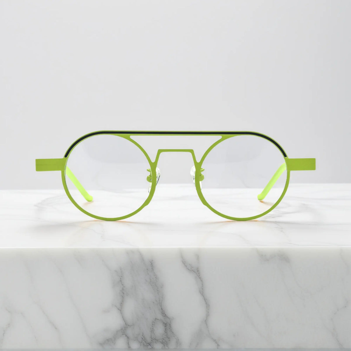 Front view of VoyueLens NeoPilot aviator glasses in Neon Moss bold green colorway for statement-making eyewear