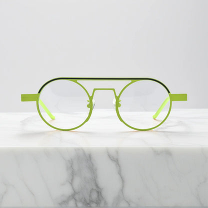 Front view of VoyueLens NeoPilot aviator glasses in Neon Moss bold green colorway for statement-making eyewear