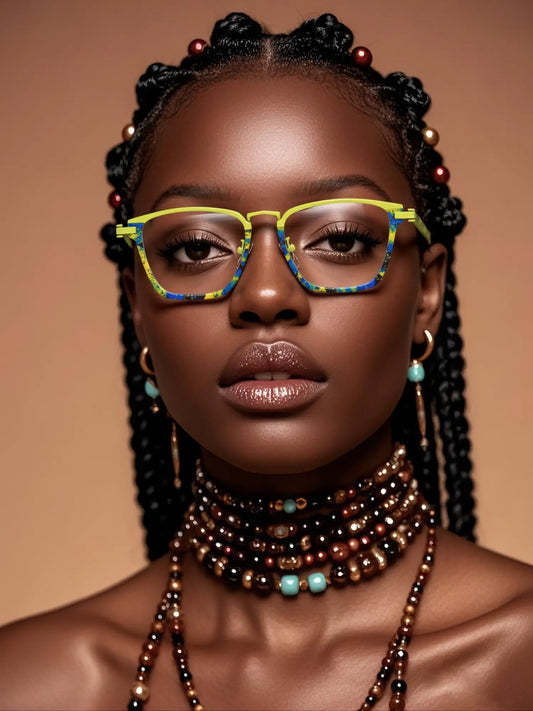 Fashion model wearing VoyueLens Electric Tropic glasses – street style look