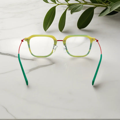Rear view capturing the flexible titanium arms and bright tones of the Citrus Mist frame.