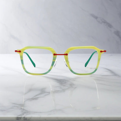 Front-facing view of VoyueLens Urban Vision eyeglasses in Citrus Mist, highlighting the refreshing striped yellow-green frame.