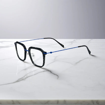 Sleek side view of the black frame with cool-toned titanium temple detailing.