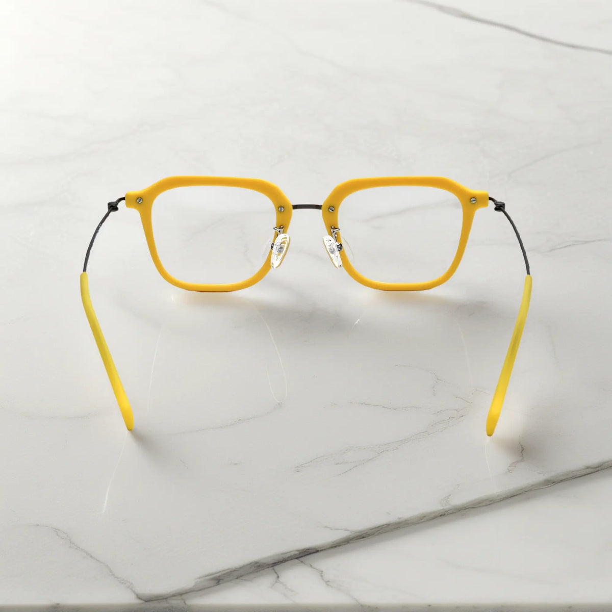 Rear view showing frame structure and cheerful yellow tone of the VoyueLens Urban Vision glasses.