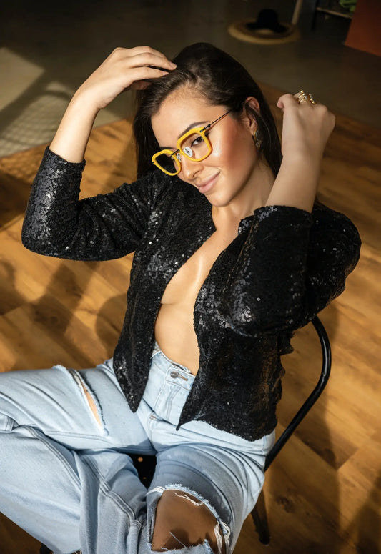 Female model wearing Sunshine Yellow Urban Vision eyeglasses by VoyueLens, styled for a playful yet modern look.