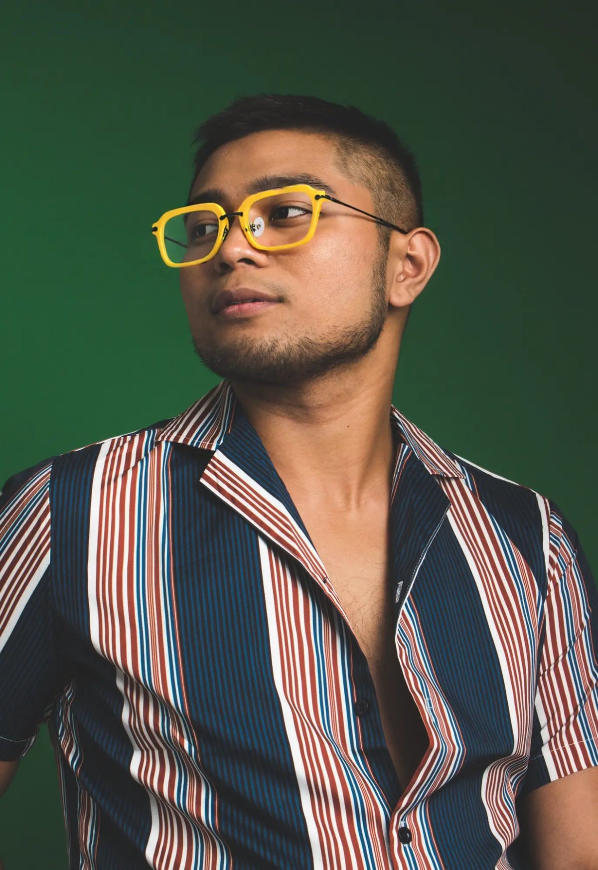 Male model wearing Sunshine Yellow Urban Vision eyeglasses by VoyueLens, styled for a playful yet modern look.