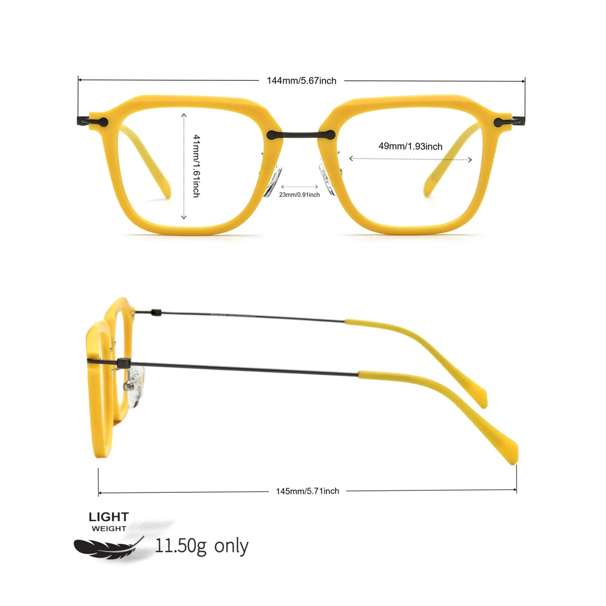 Size specifications of the Sunshine Yellow VoyueLens square titanium eyeglasses.