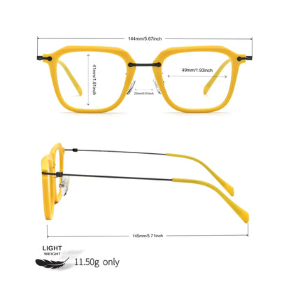 Size specifications of the Sunshine Yellow VoyueLens square titanium eyeglasses.