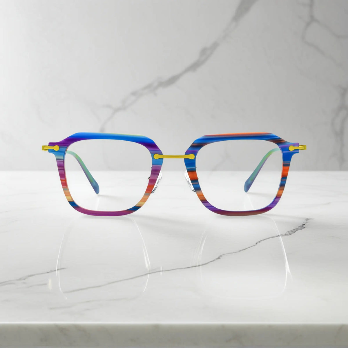 Frontal image of the Vivid Violet Stripe Urban Vision frame by VoyueLens, showcasing its multicolor spectrum.
