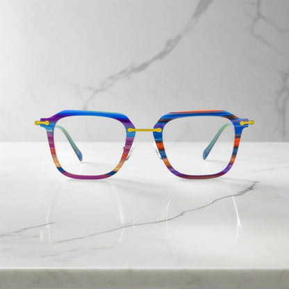 Frontal image of the Vivid Violet Stripe Urban Vision frame by VoyueLens, showcasing its multicolor spectrum.