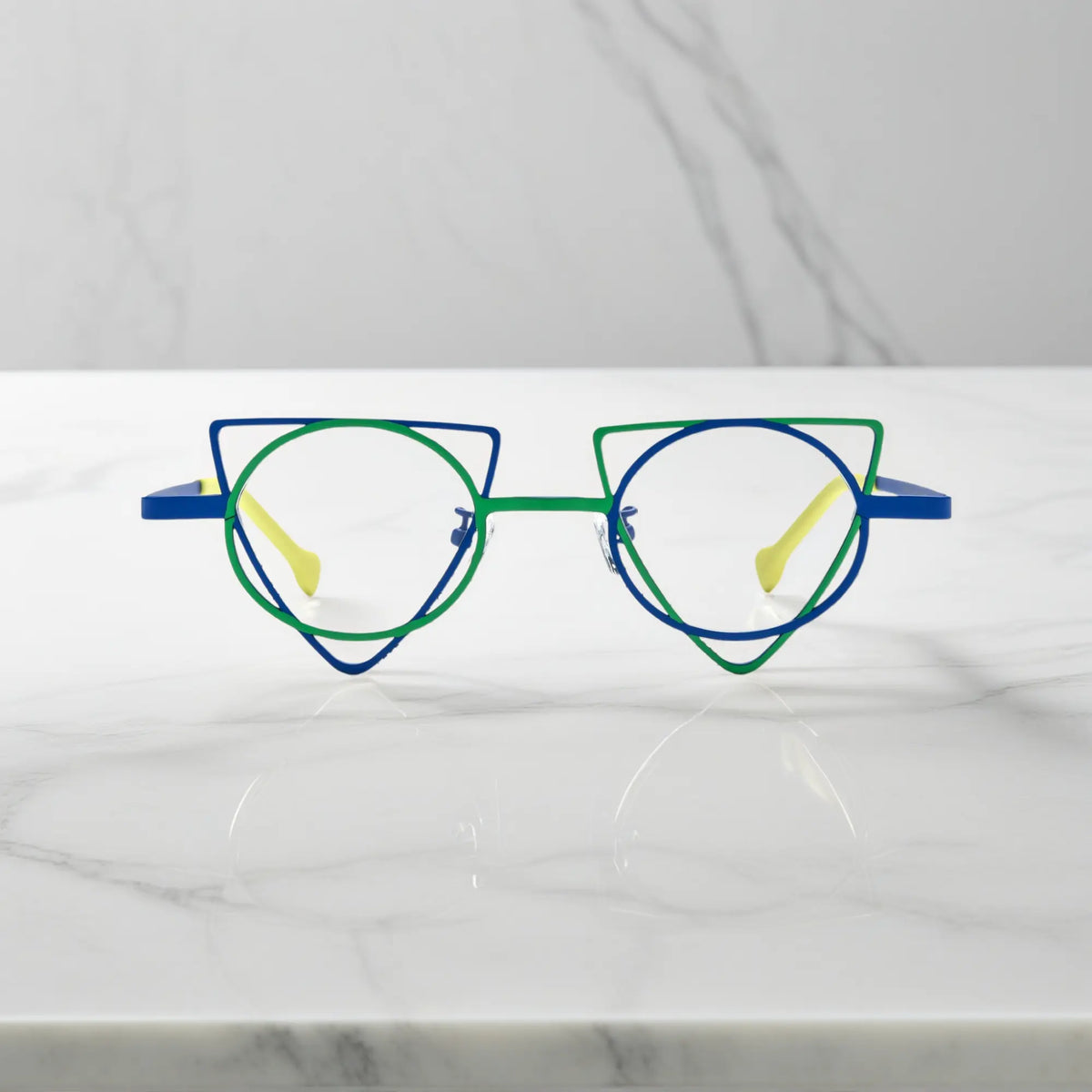 Front view of VoyueLens Cobalt Chartreuse geometric titanium eyeglasses with statement frame design, unisex fashion eyewear