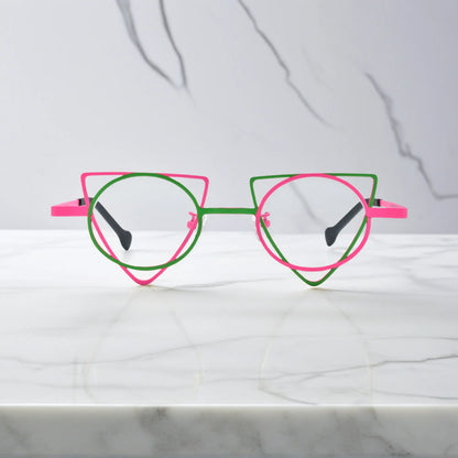 Front view of VoyueLens Fuchsia Lime geometric titanium eyeglasses with statement frame design, unisex fashion eyewear