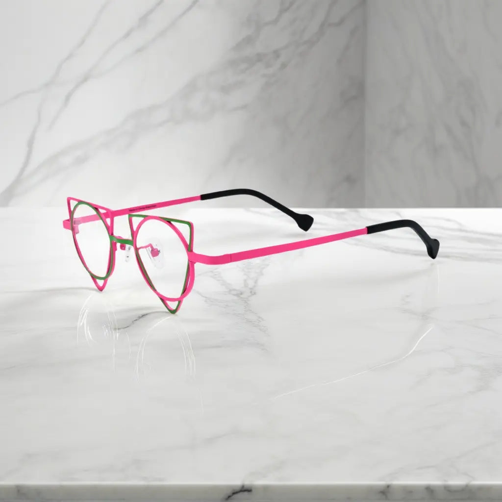 Side profile showing slim titanium temples of VoyueLens Fuchsia Lime designer eyeglasses, ideal for modern optical styling