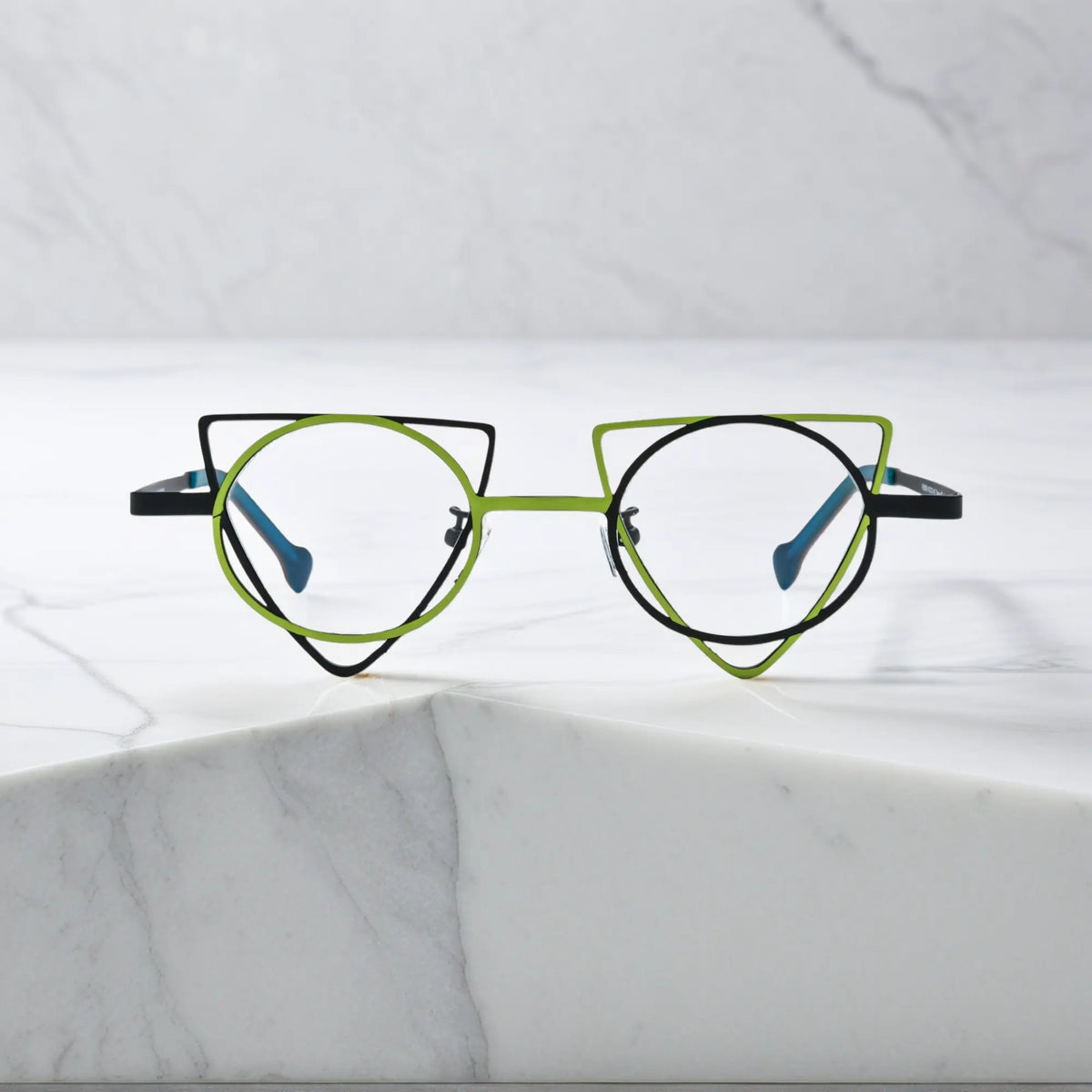 Front view of VoyueLens Lime Black geometric titanium eyeglasses with statement frame design, unisex fashion eyewear