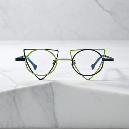 Front view of VoyueLens Lime Black geometric titanium eyeglasses with statement frame design, unisex fashion eyewear