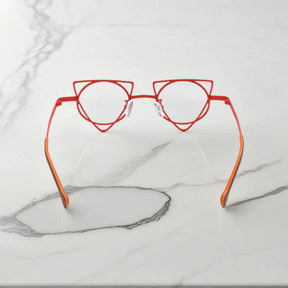 Back angle revealing artistic frame curves of VoyueLens Skyfire Red geometric glasses, crafted from lightweight titanium