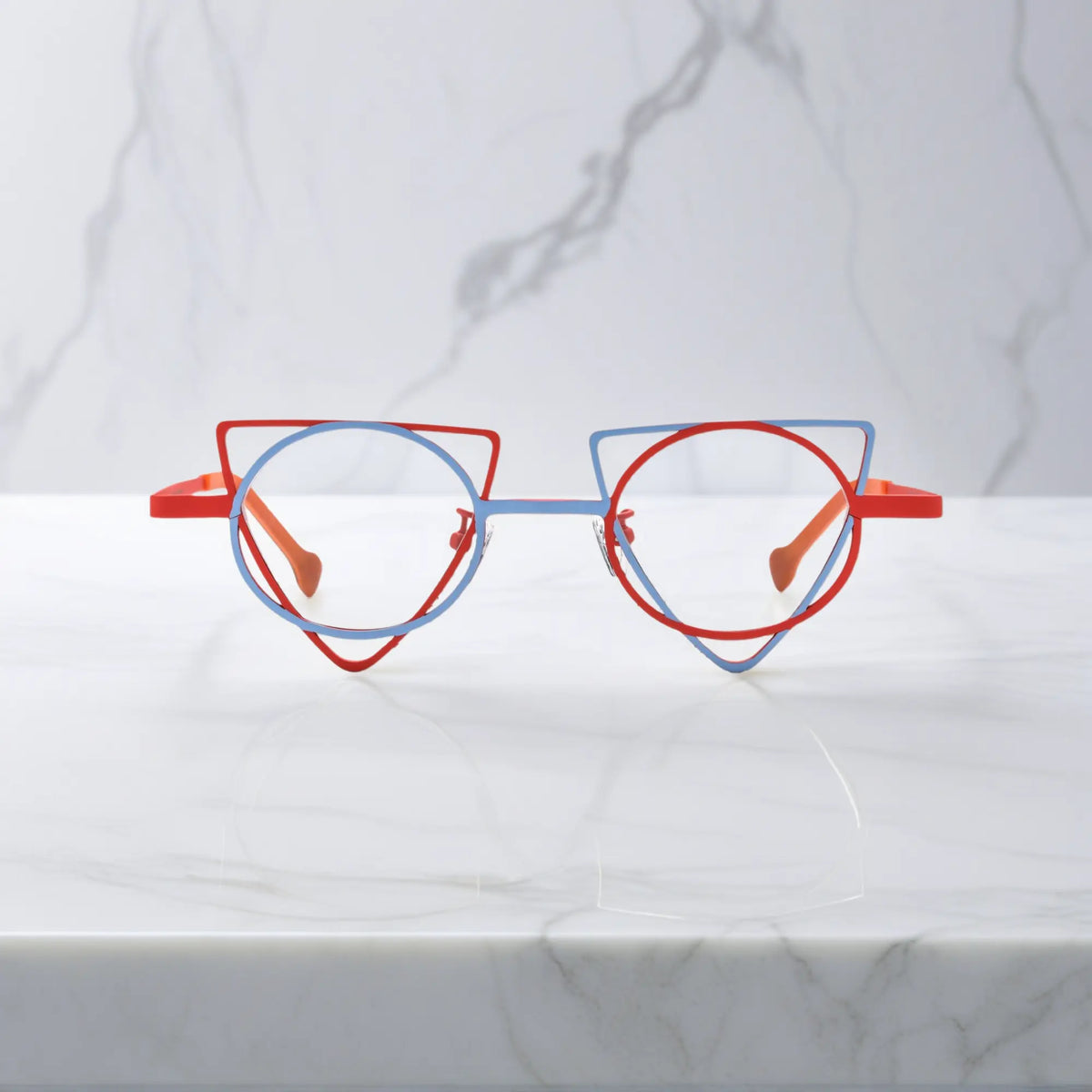 Front view of VoyueLens Skyfire Red geometric titanium eyeglasses with statement frame design, unisex fashion eyewear
