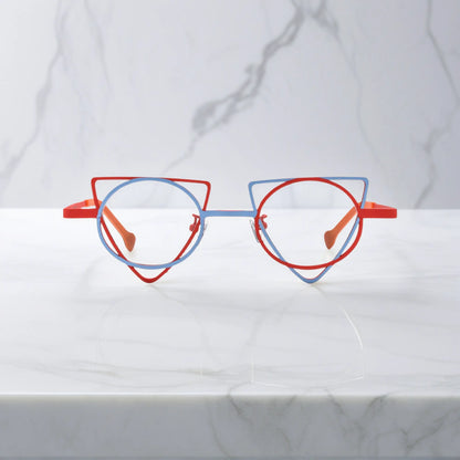 Front view of VoyueLens Skyfire Red geometric titanium eyeglasses with statement frame design, unisex fashion eyewear