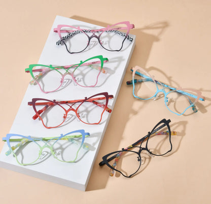 Group display of all six VoyueLens VL185862 butterfly frames – lightweight, titanium, vintage-inspired, prescription-ready eyeglasses with colorful artistic style in one image.