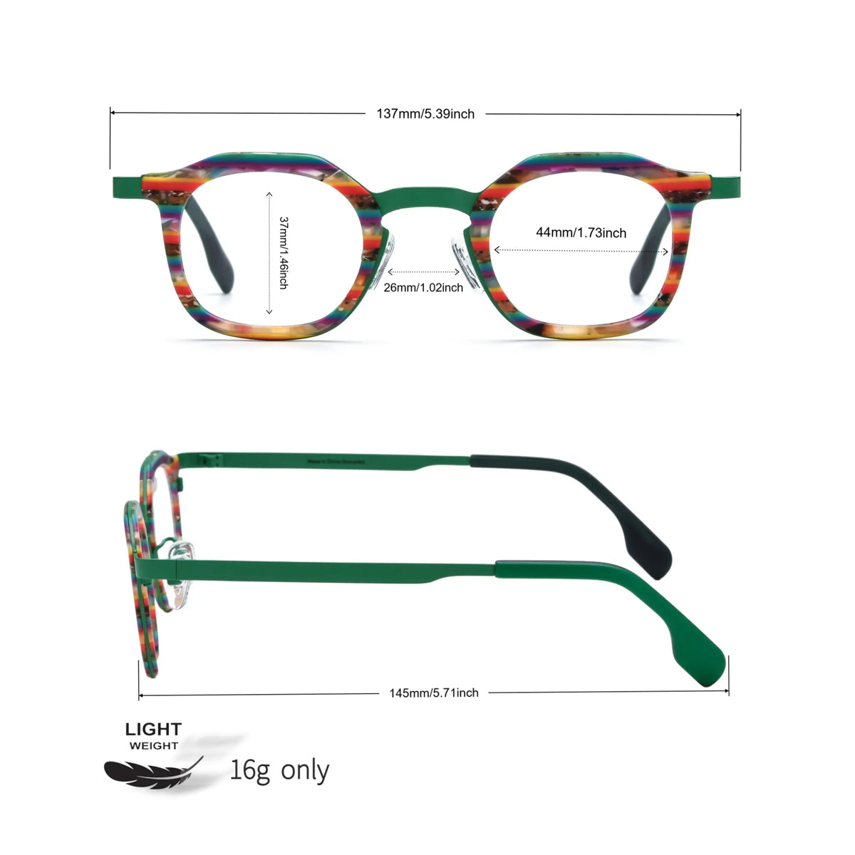 Size chart of VoyueLens Aurora Stripe square eyeglasses with measurements.