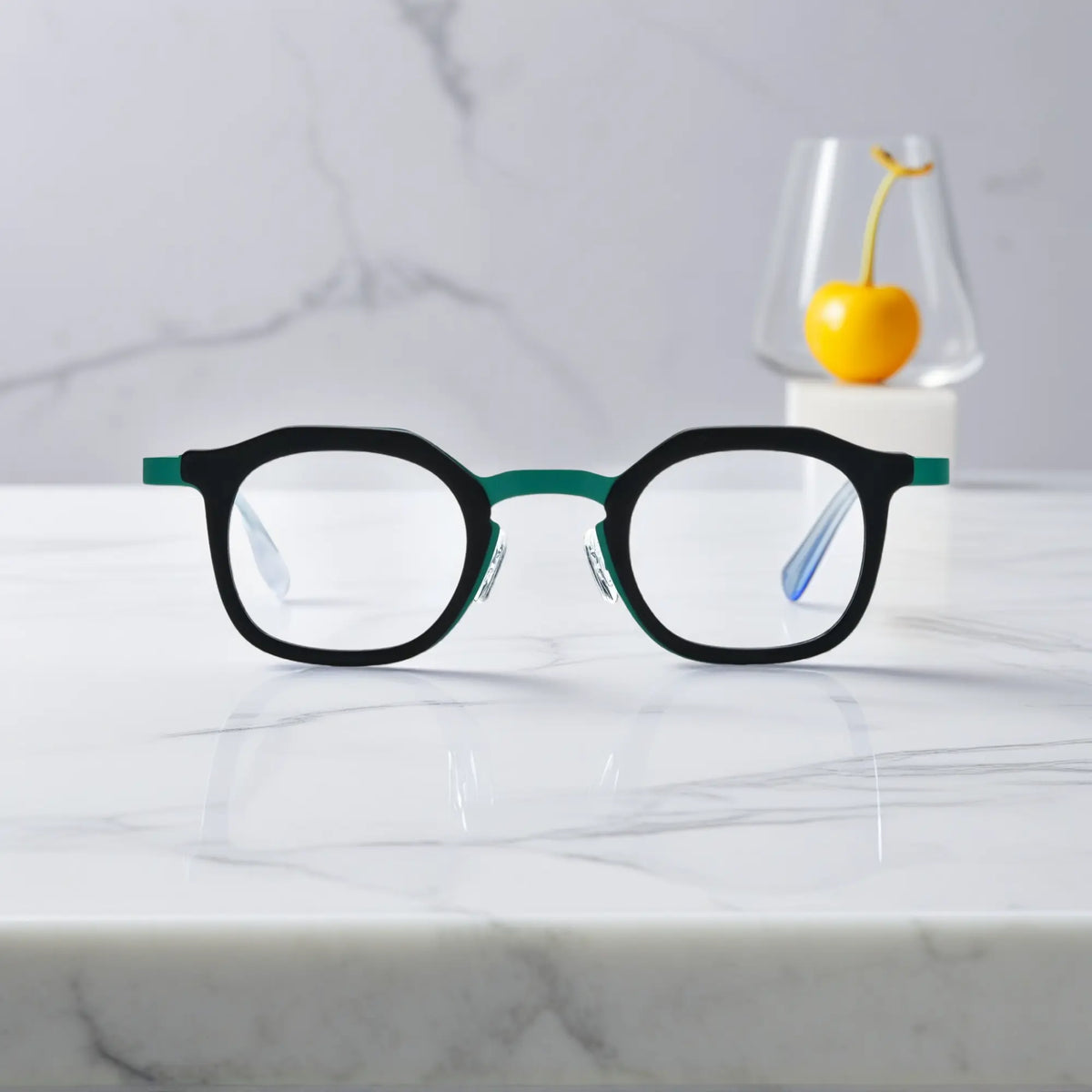 Front view of VoyueLens Forest Frost square eyeglasses with a forest green acetate frame with frosted silver titanium temples.