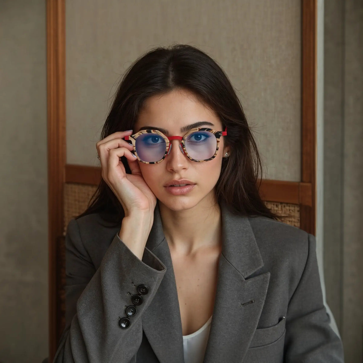 Model wearing VoyueLens Crimson Drift square eyeglasses with a warm red acetate front with amber pattern and clean titanium temples.