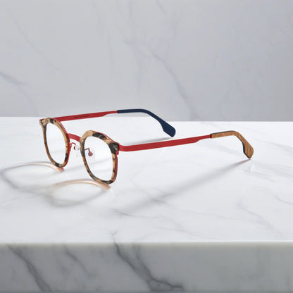 Side view of VoyueLens Crimson Drift square eyeglasses a warm red acetate front with amber pattern and clean titanium temples.