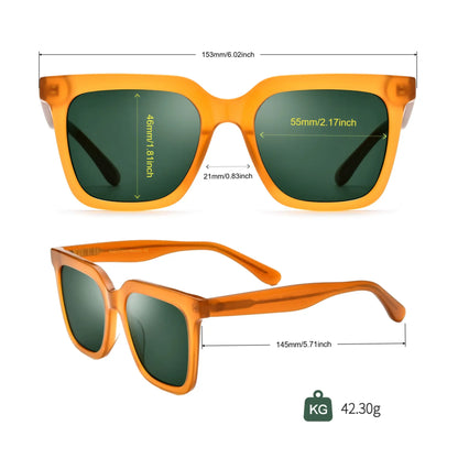full size chart of VoyueLens VL19159 amber yellow square sunglasses with frame and lens measurements