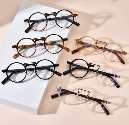 VoyueLens VL19194 color variants featuring trendy round eyeglasses for large faces, lightweight acetate frames, including black tortoise, champagne gold, tortoise, black, black-clear, and clear styles.