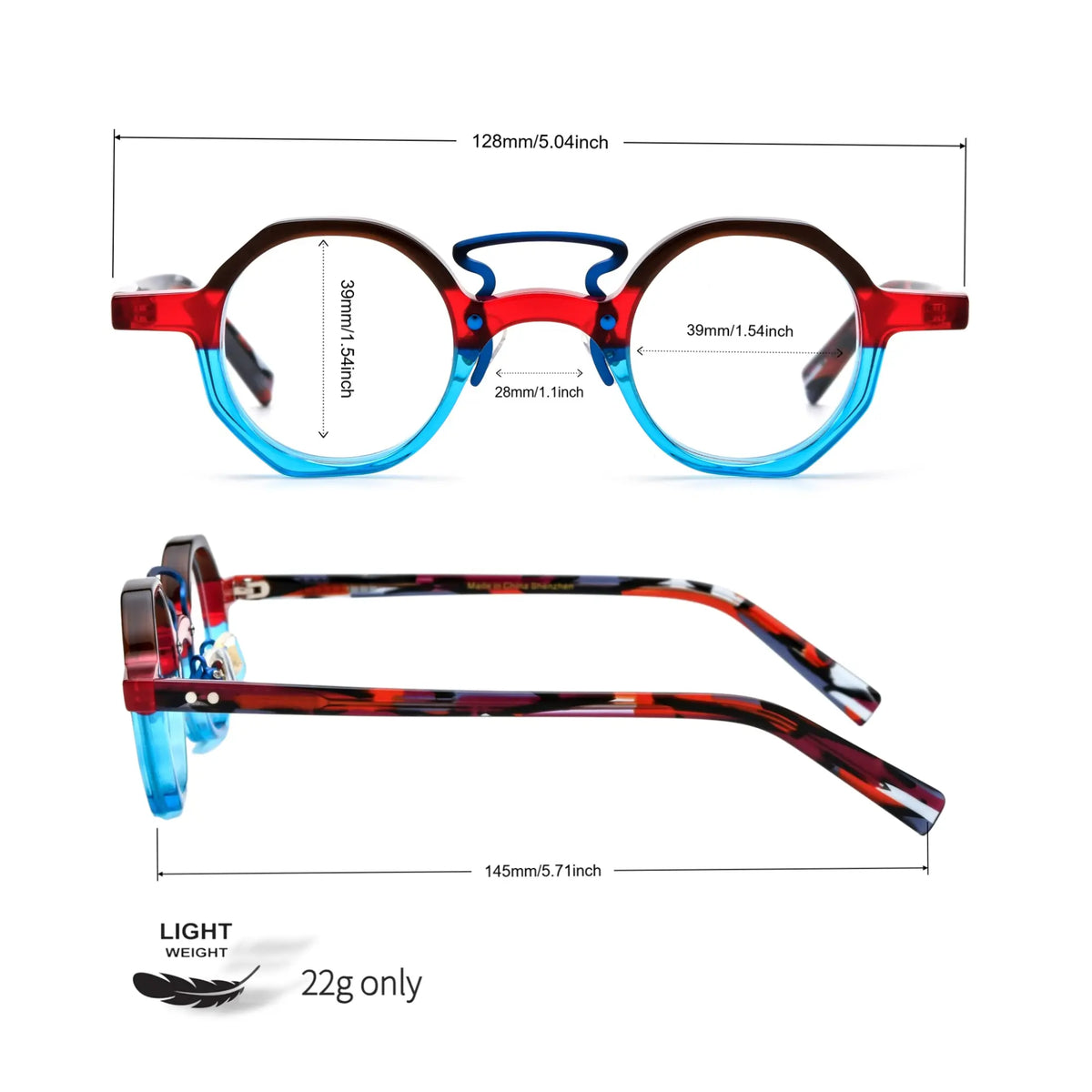 Size guide for VoyueLens VL19244 geometric acetate eyeglasses, including frame width, lens dimensions, bridge width, temple length, and weight optimized for small faces