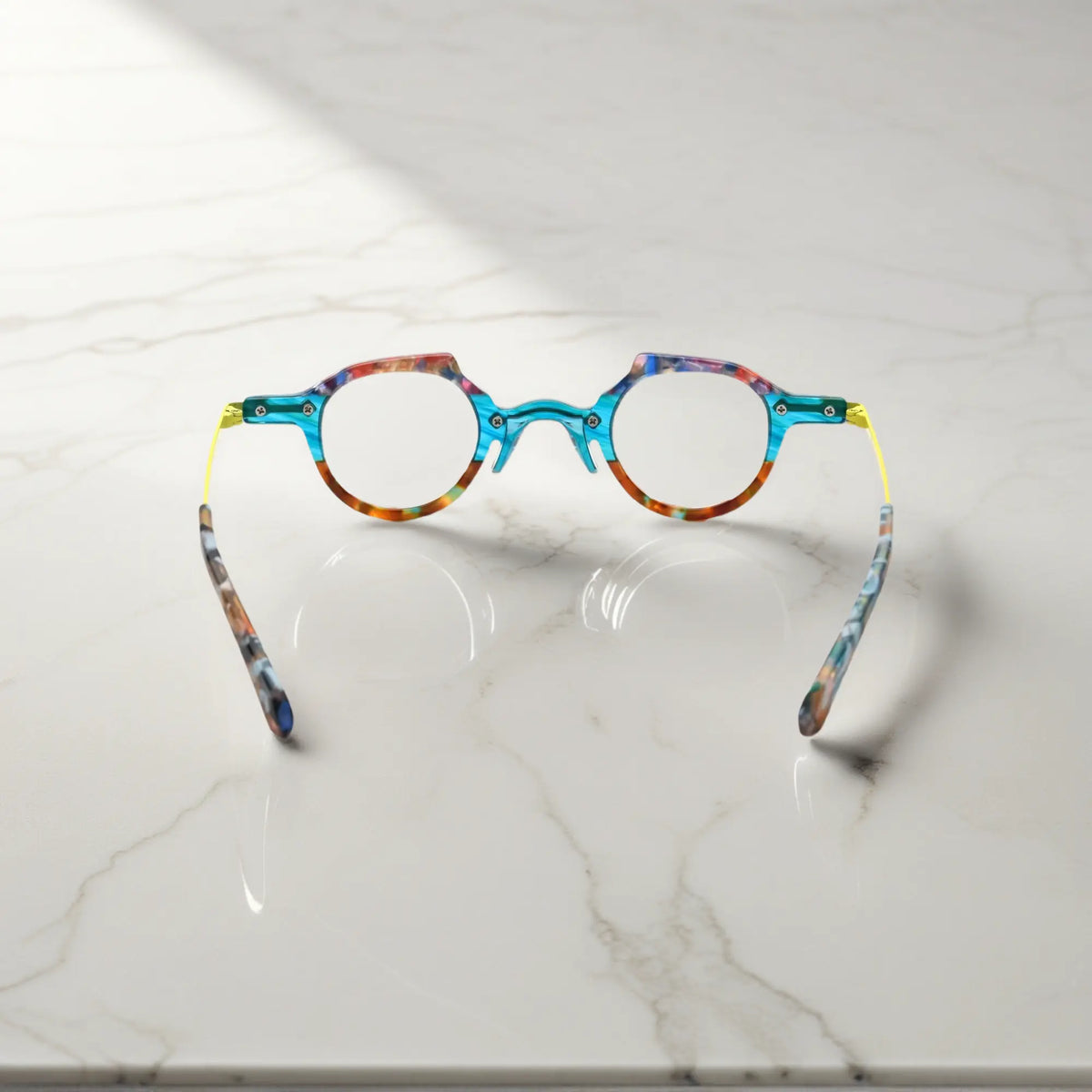 Rear view of the VoyueLens VL19341 amber crystal glasses showing the curved temple arms and seamless construction of the premium acetate frame.