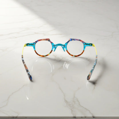 Rear view of the VoyueLens VL19341 amber crystal glasses showing the curved temple arms and seamless construction of the premium acetate frame.
