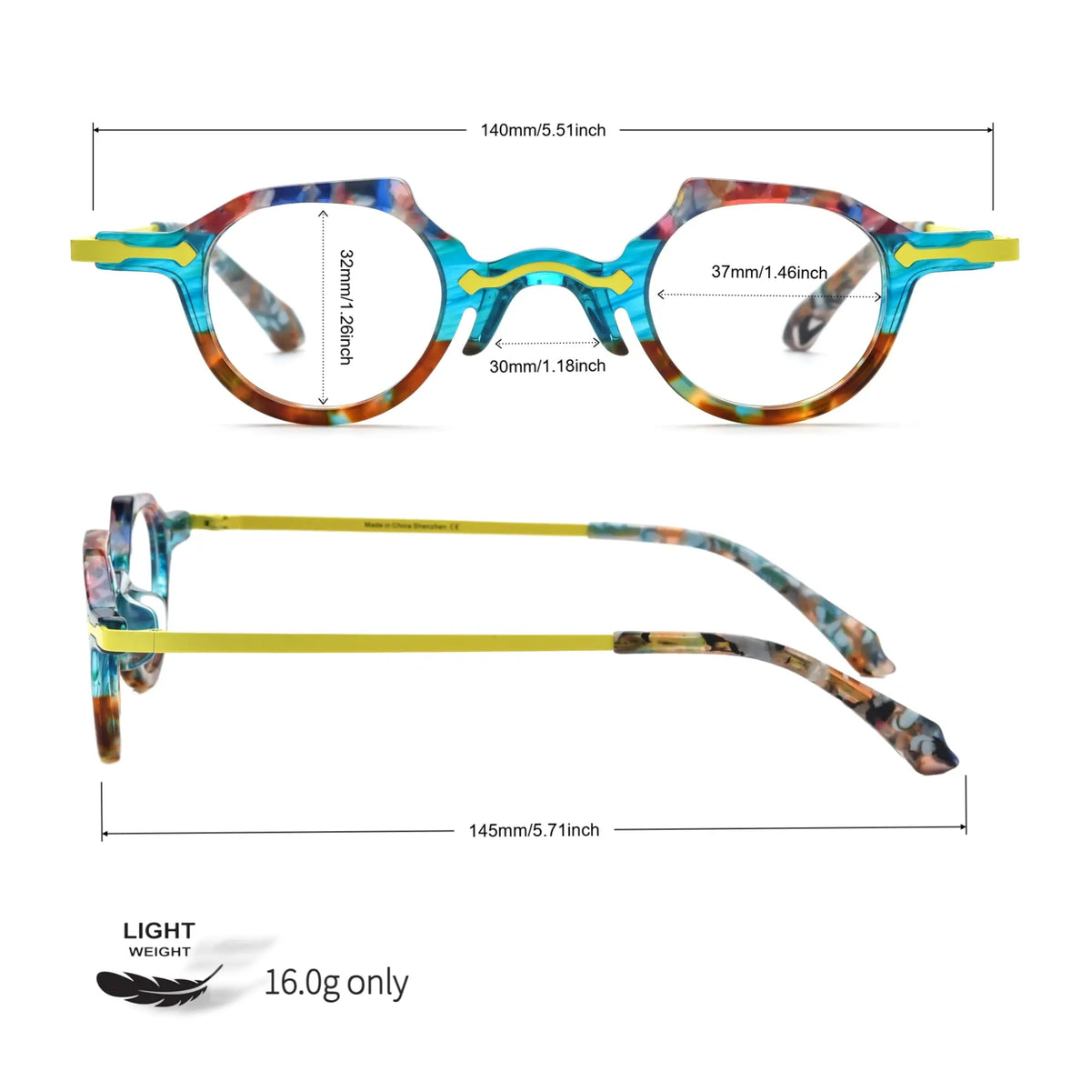 Measurement reference image for VoyueLens VL19341 in amber crystal, detailing lens width, frame height, bridge, and temple length for optimal fit guidance.