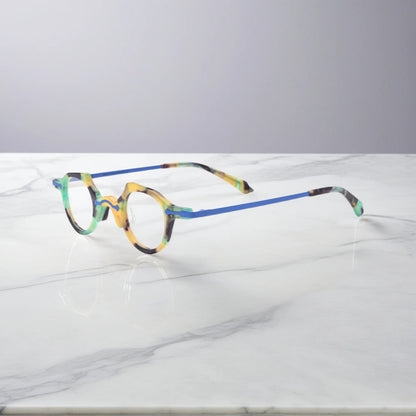Angled side shot of the VL19341 cobalt blue frame showing ultra-lightweight metal temples and elegant frame curvature for daily comfort.