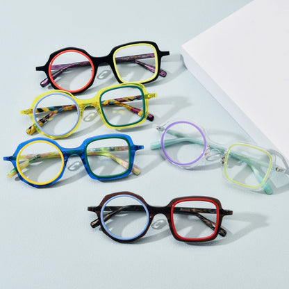 Flat lay of VoyueLens VL19356 eyeglasses in all five color variants: Black Amber, Honey Mint, Navy Lemon, Crystal Lilac, and Chestnut Blue. Displayed on a light blue background with acetate frames and dual-tone rims.