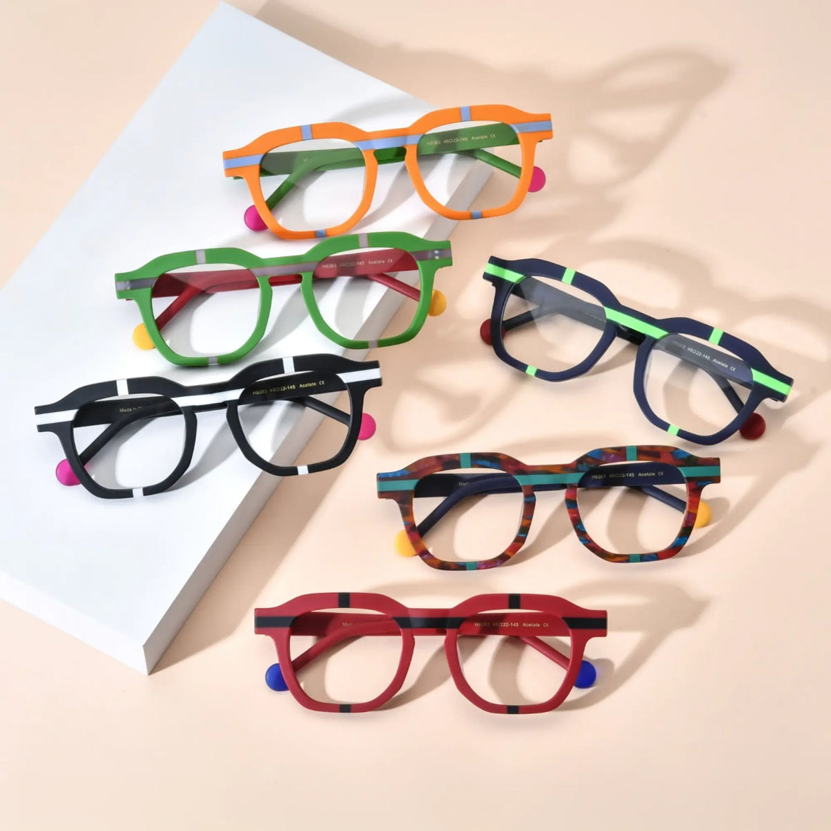 Group photo of VoyueLens VL19363 Urban Pop Eyeglasses showcasing all six bold color variants including Citrus Pop, Lime Blaze, Charcoal Stripe, Navy Bolt, Tortoiseshell Flash, and Crimson Impact – vibrant full-rim acetate frames in contrast-block style.