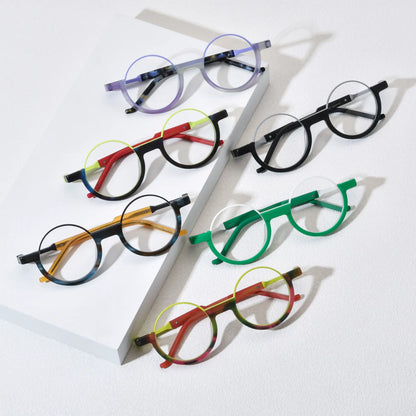 Top-down view of VoyueLens VL19366 round eyeglasses in six vibrant colorways, including Aurora Fade, Charcoal Silver, Citrus Fade, Ocean Tortoiseshell, Crimson Nebula, and Emerald Ice, arranged aesthetically on a white platform.