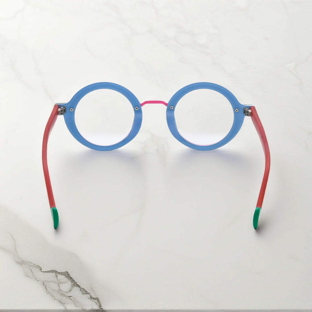 Rear view of VoyueLens Chromatic Orbit in Blue Coral emphasizing frame structure and comfort-fit build.