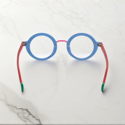 Rear view of VoyueLens Chromatic Orbit in Blue Coral emphasizing frame structure and comfort-fit build.