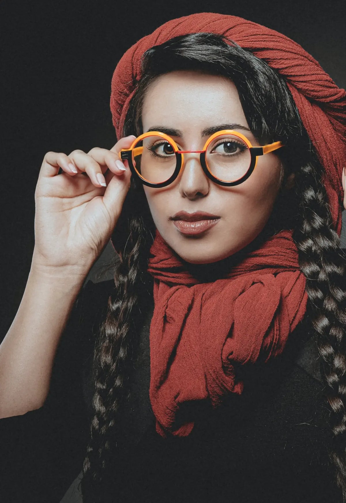 Model wearing VoyueLens Chromatic Orbit in Citrus Orbit styled in a modern streetwear look.