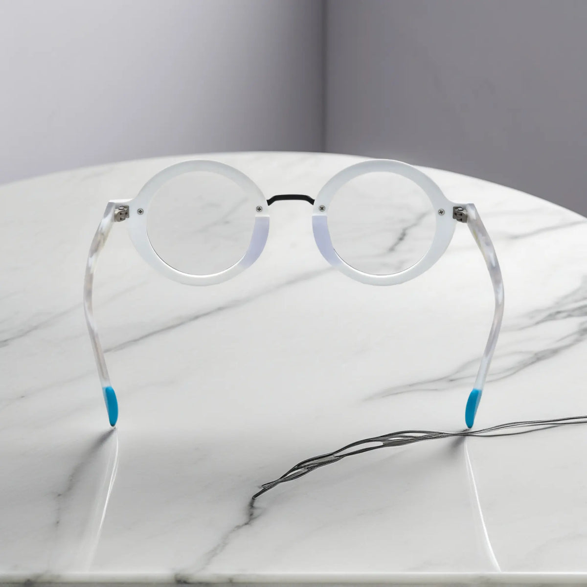 Rear view of VoyueLens Chromatic Orbit in Mosaic Frost emphasizing frame structure and comfort-fit build.