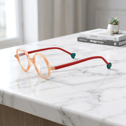 Side view of Honey Peach variant, showcasing frame thickness and temple arm structure. Soft honey yellow with peach undertone, a warm and cheerful vibe.