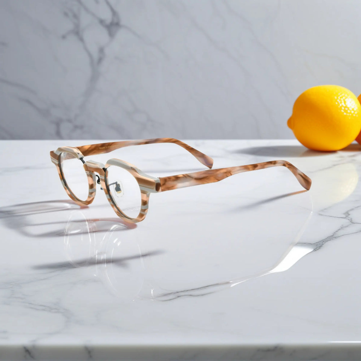 Side view of VoyueLens Amber Drift eyeglasses showing rich caramel-brown arm design