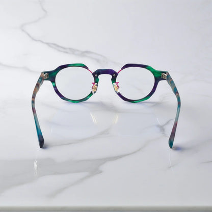 Rear angle of VoyueLens Mosaic Teal eyeglasses revealing frame detailing