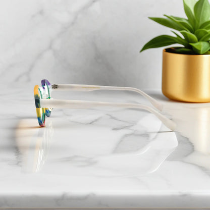Side profile of VoyueLens Rainbow Frost eyeglasses showing matte white temples and colorful rims